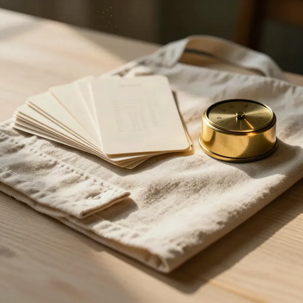 Kit sala con carte crema, timer in ottone e lino su legno chiaro, luce calda.