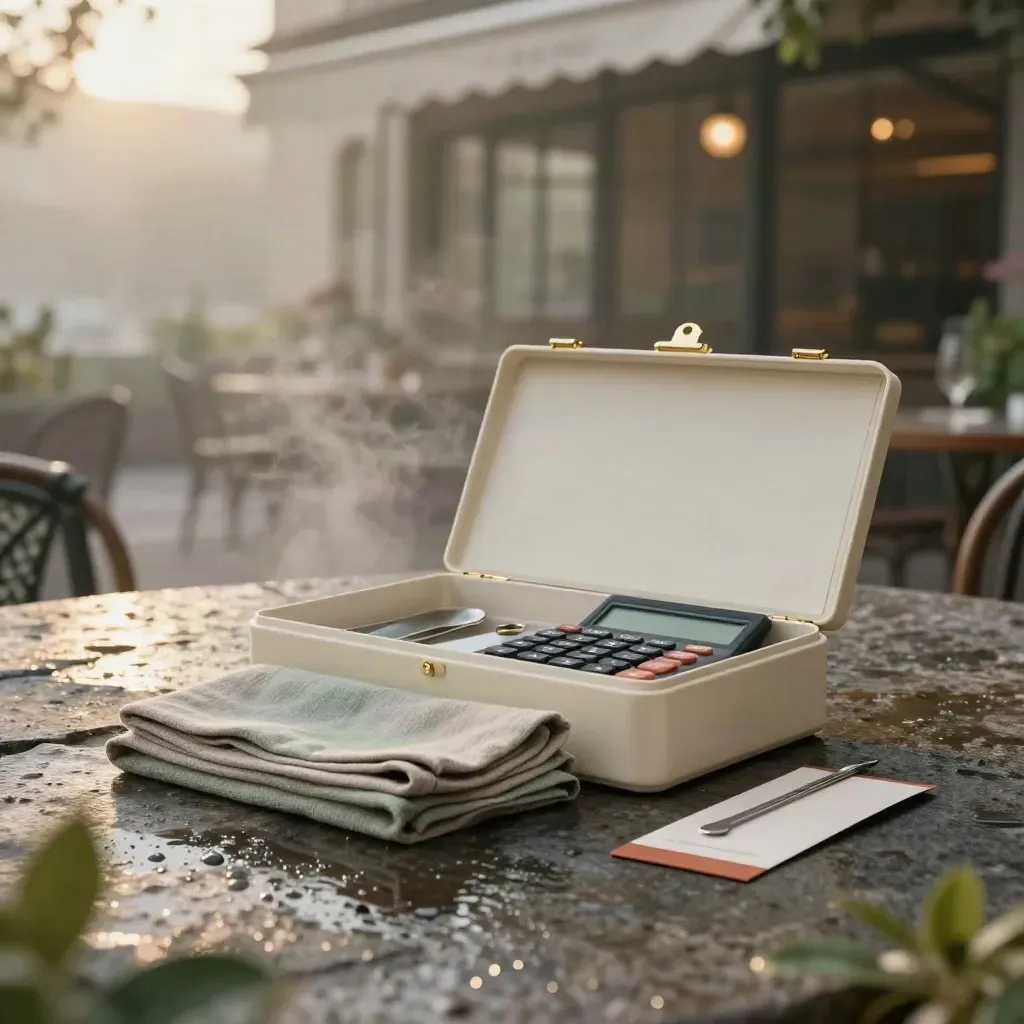 Kit iniziale per ristorante su pietra bagnata con box crema, inserti, fermagli e utensili metallici.