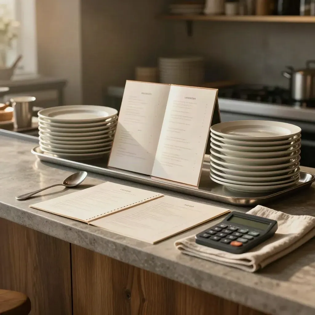 Pack audit menu su banco da cucina con piatti, folder, cucchiaio in acciaio e luce morbida.