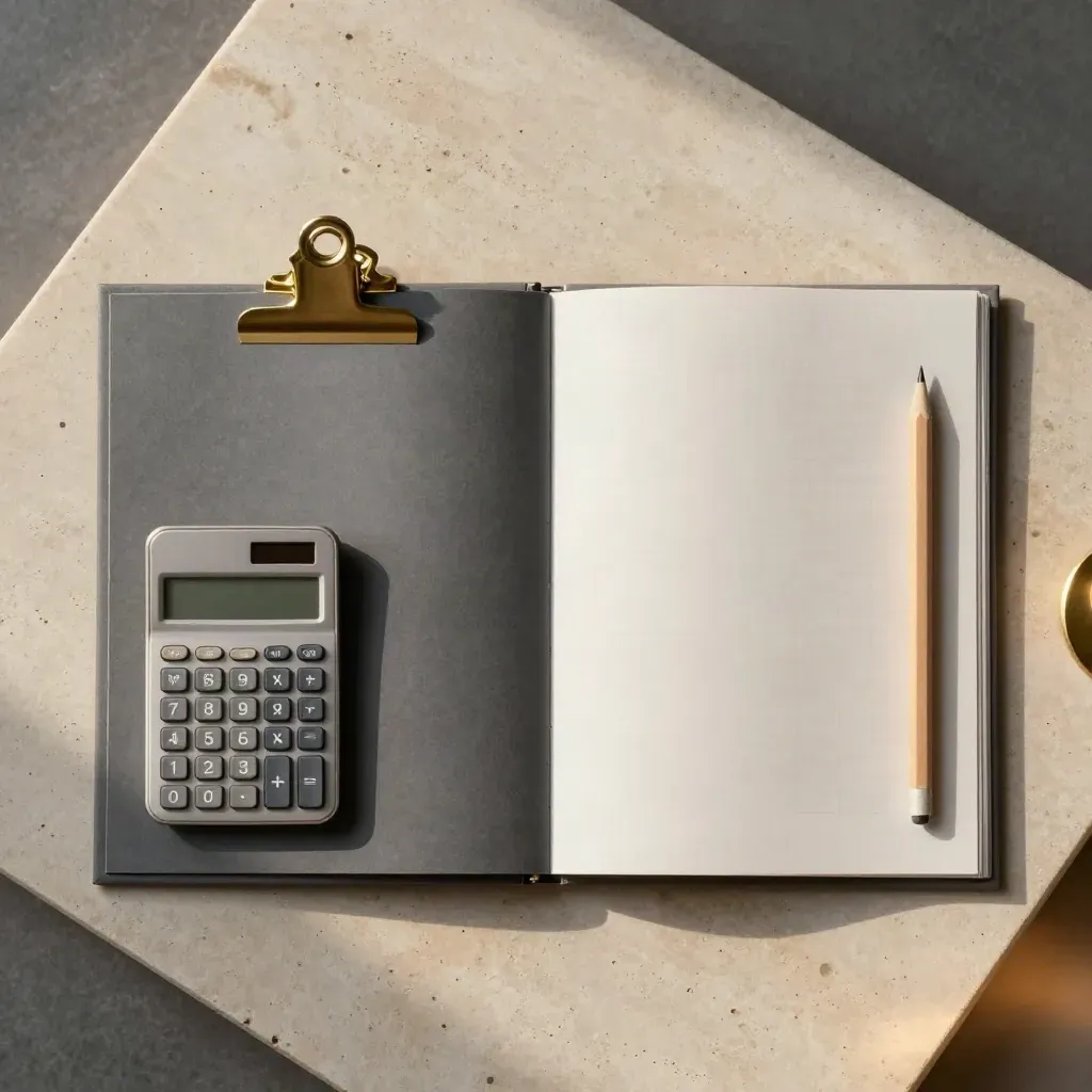Cartella menu food cost aperta con fogli bianchi, graffa in ottone e calcolatrice su pietra.