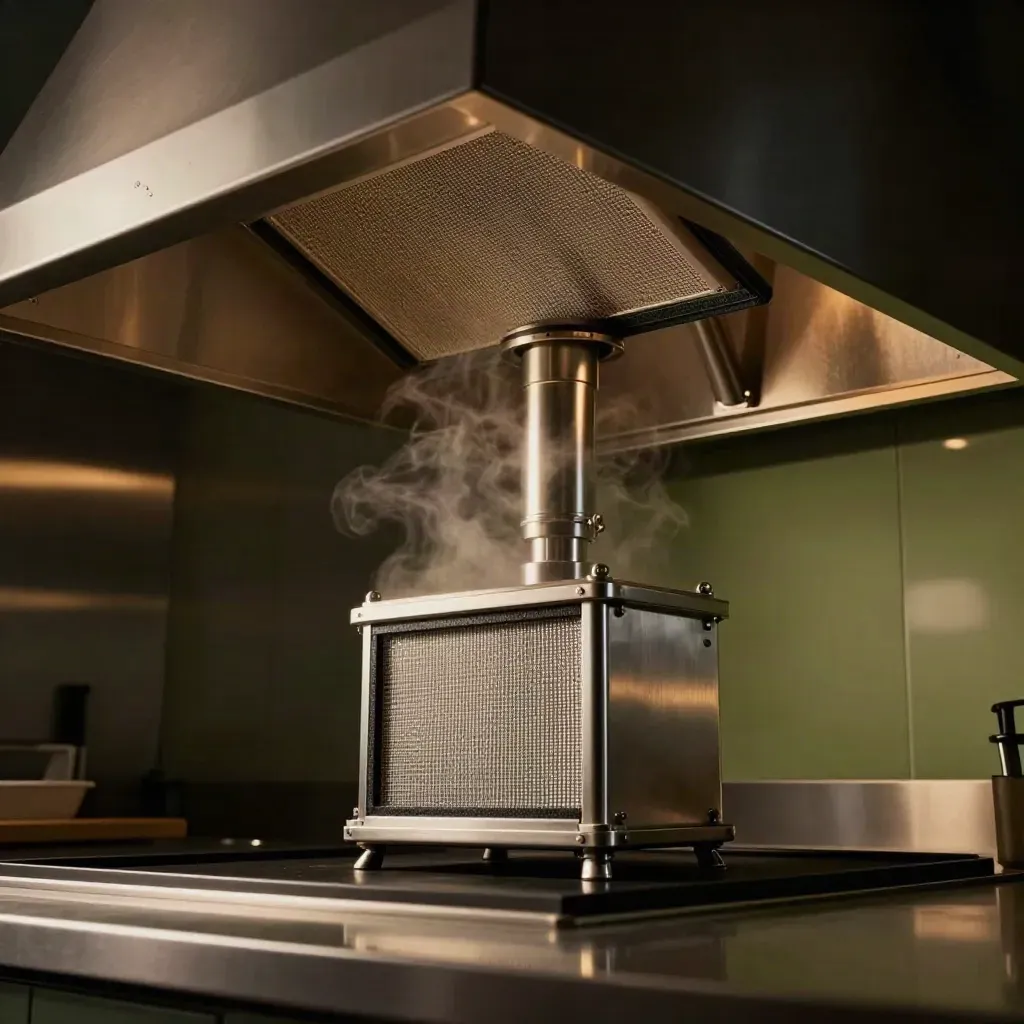 Cassetta filtro inox di una cappa aspirante in cucina buia, con vapore e tubo metallico.