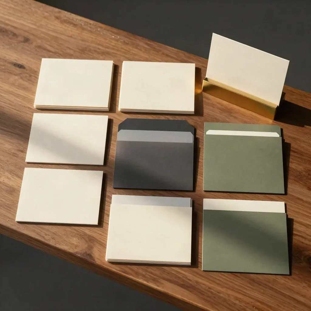 Kit marketing con card vuote, divisori tab e supporto compatto su piano effetto noce.