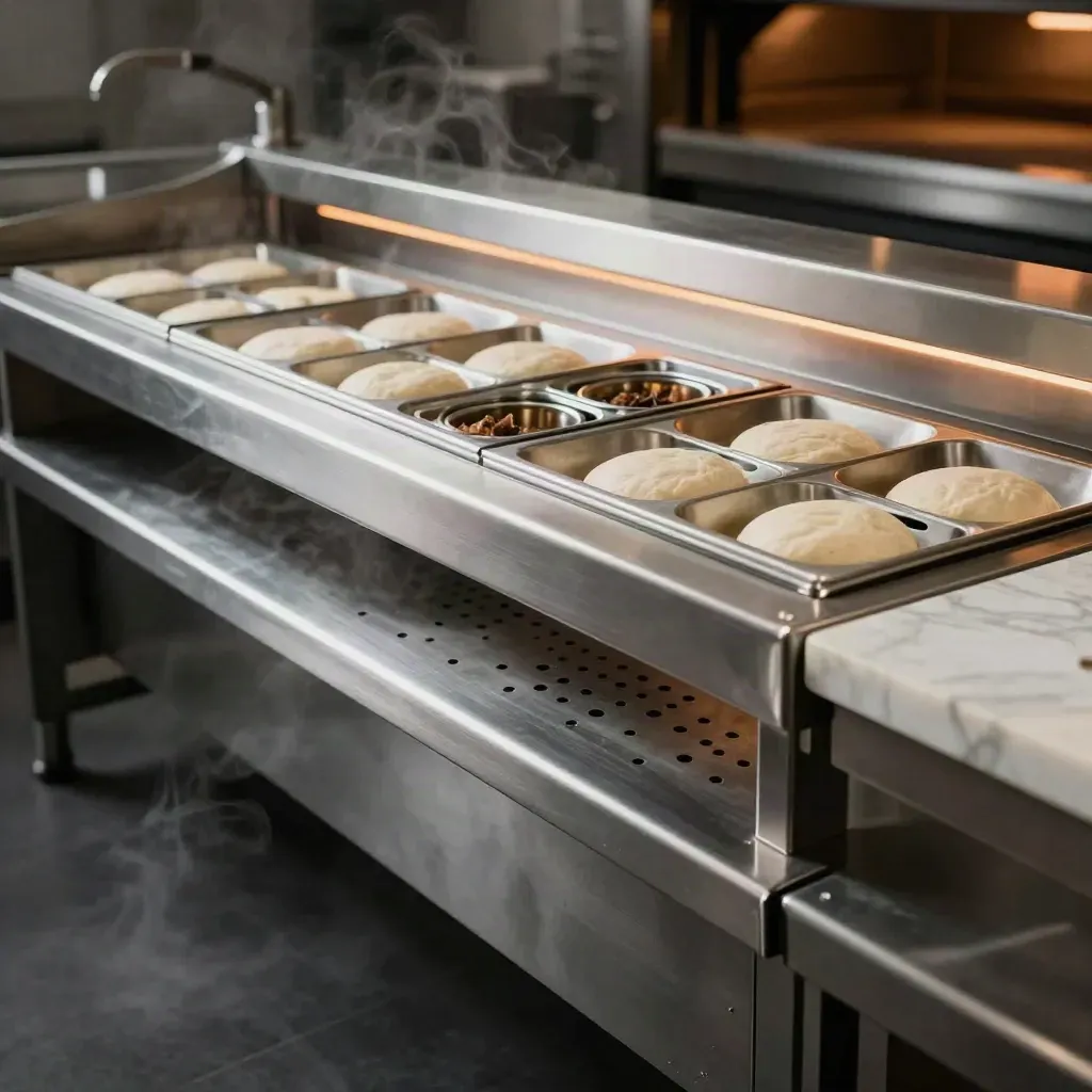 Banco pizzeria in acciaio inox con vaschette ingredienti e piano in marmo, ripreso dal basso.