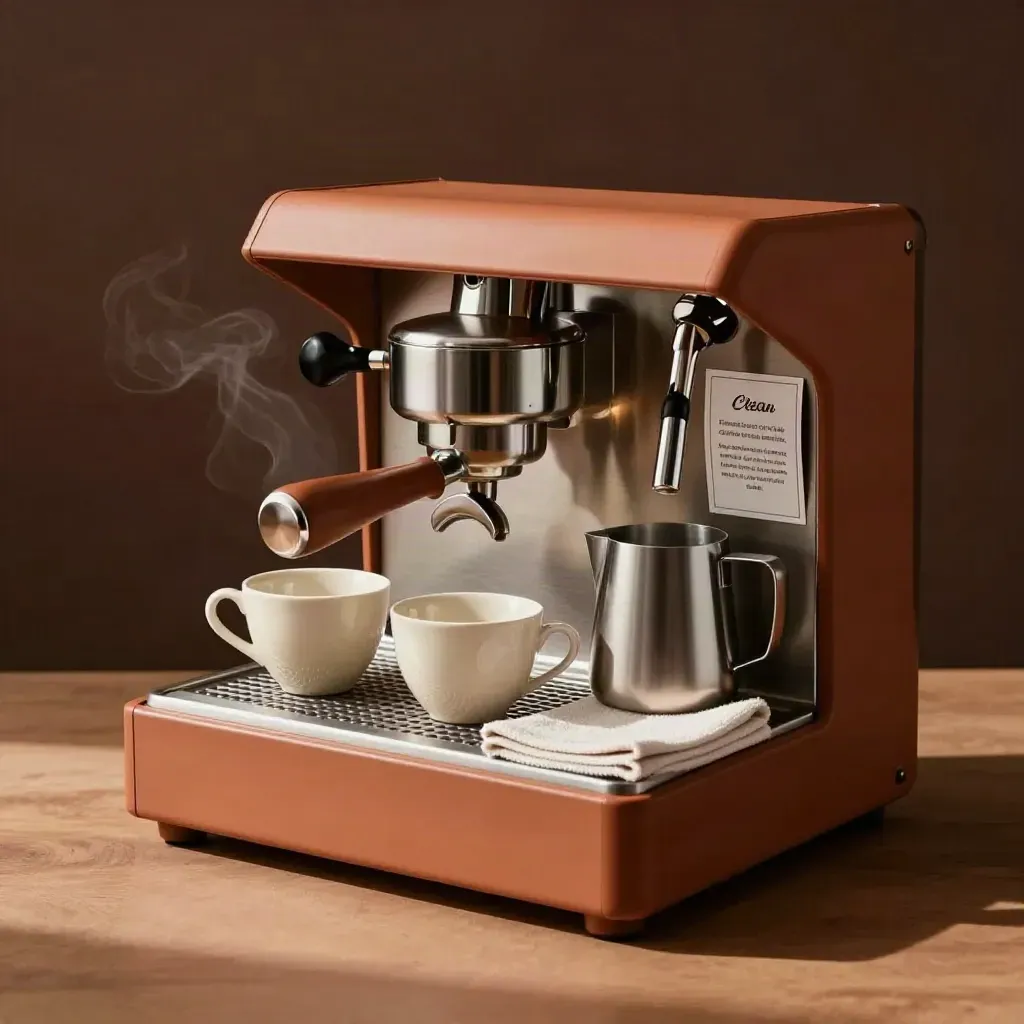 Stazione caffetteria da formazione con portafiltro, bricco latte e tazzine su fondo terracotta