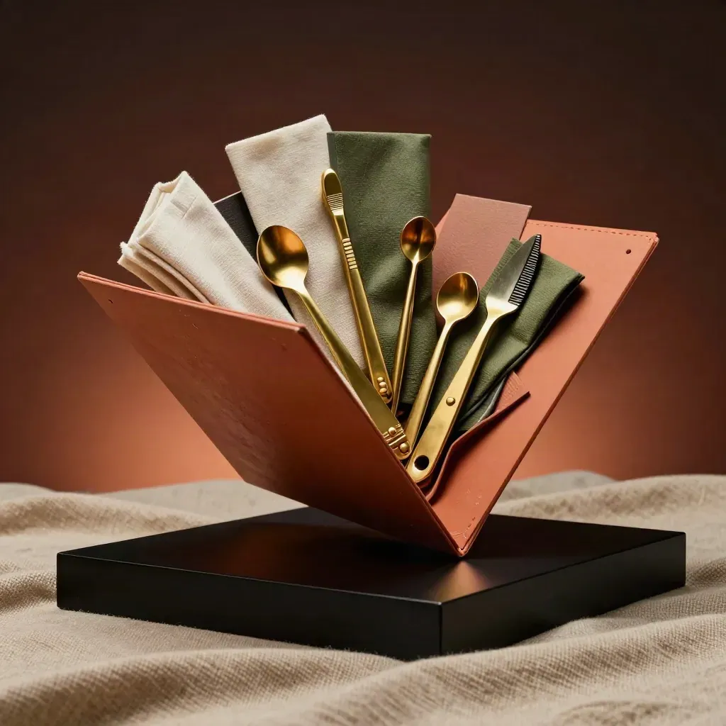 Cartella terracotta, tessuti sala e strumenti brass che esplodono su fondo scuro.
