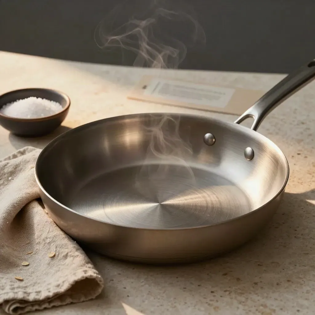 Padella in alluminio con vapore, canovaccio di lino e piccola ciotola di sale su travertino