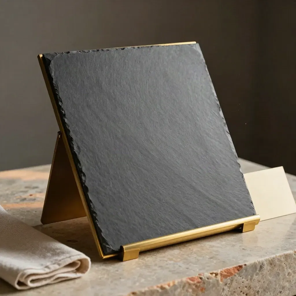 Lavagna menu da tavolo in ardesia con supporto in ottone e card crema su pietra neutra.
