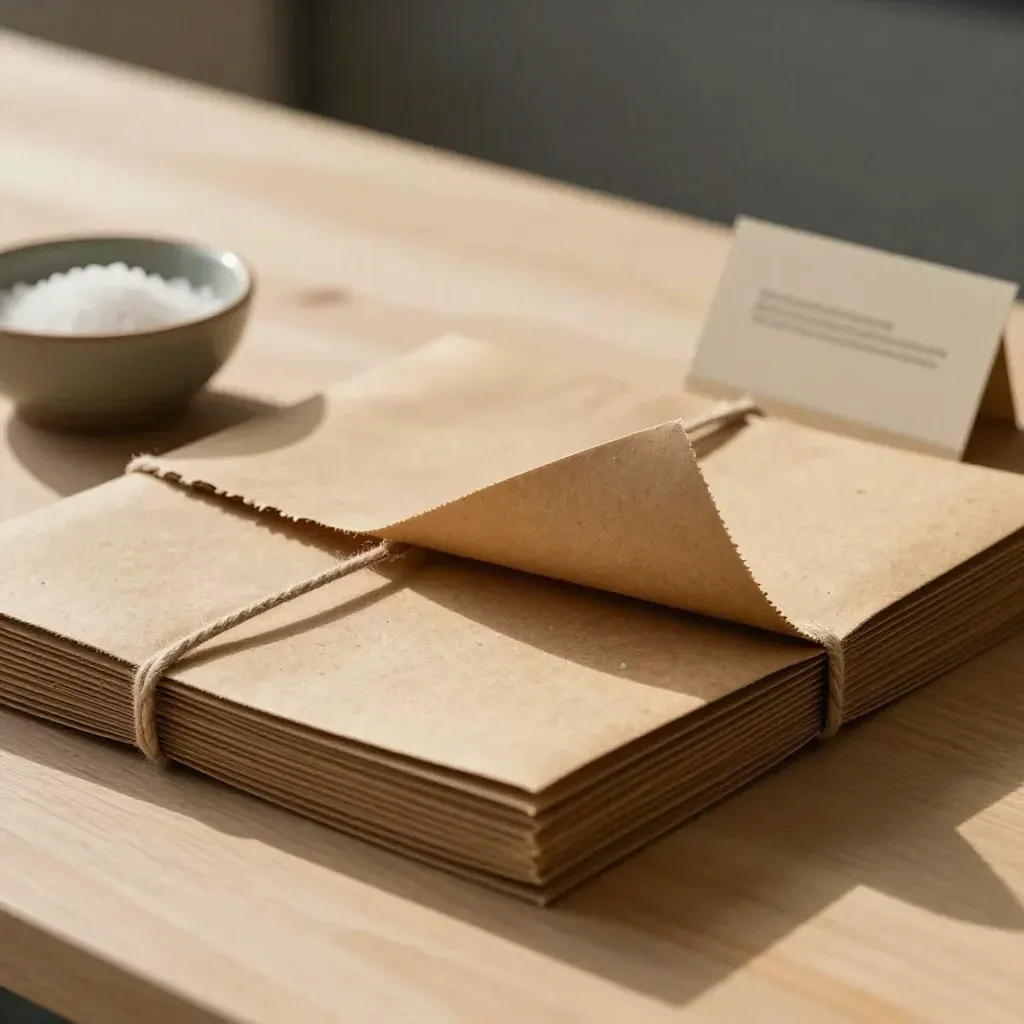 Tovagliette in carta kraft legate con sale grosso su legno chiaro, con cartellino sfocato