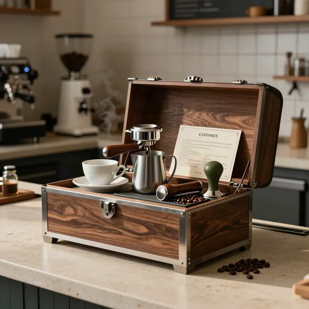 Kit corso barista aperto con portafiltro, montalatte e tazzine su banco da training.