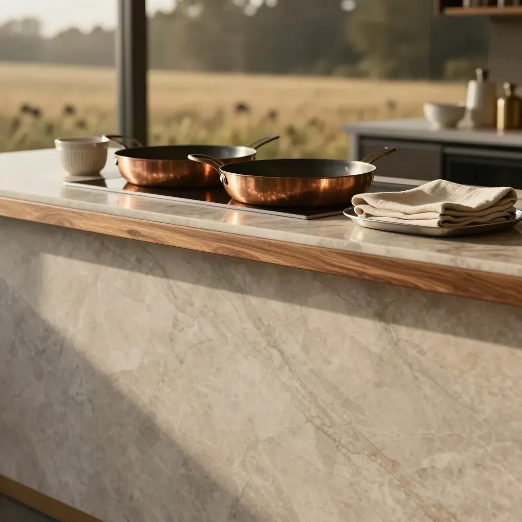 Banco in marmo venato con rame sfocato e lino crema, luce mattutina soffusa.