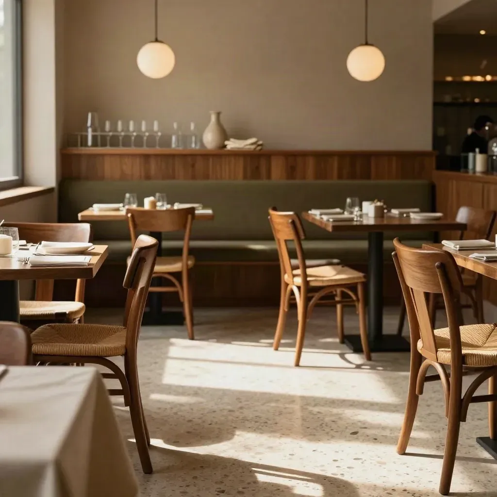 Sala vuota di ristorante con sedie impilate, banquette in legno e luce del mattino.