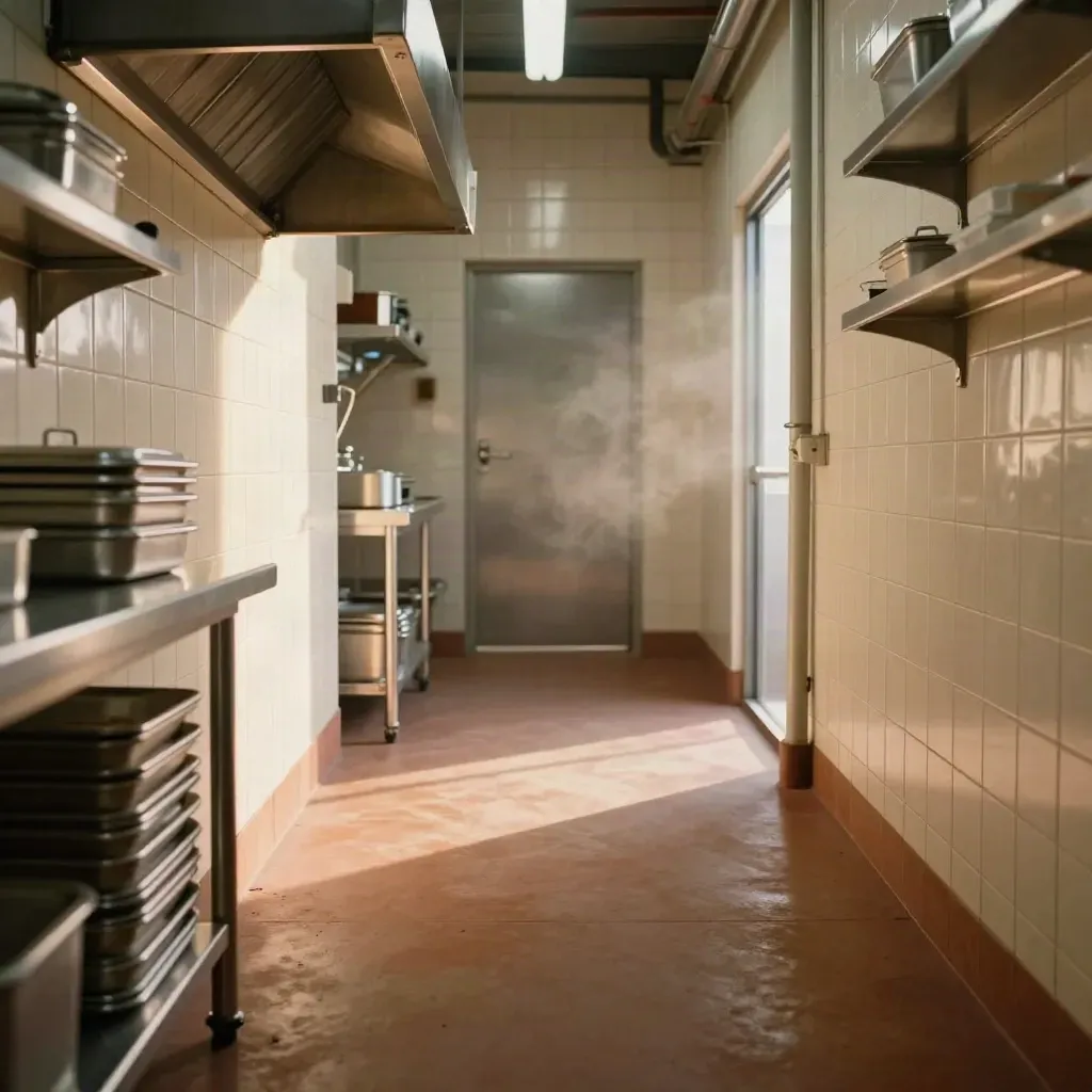 Corridoio di cucina industriale luminoso, con piastrelle chiare e superfici in acciaio.