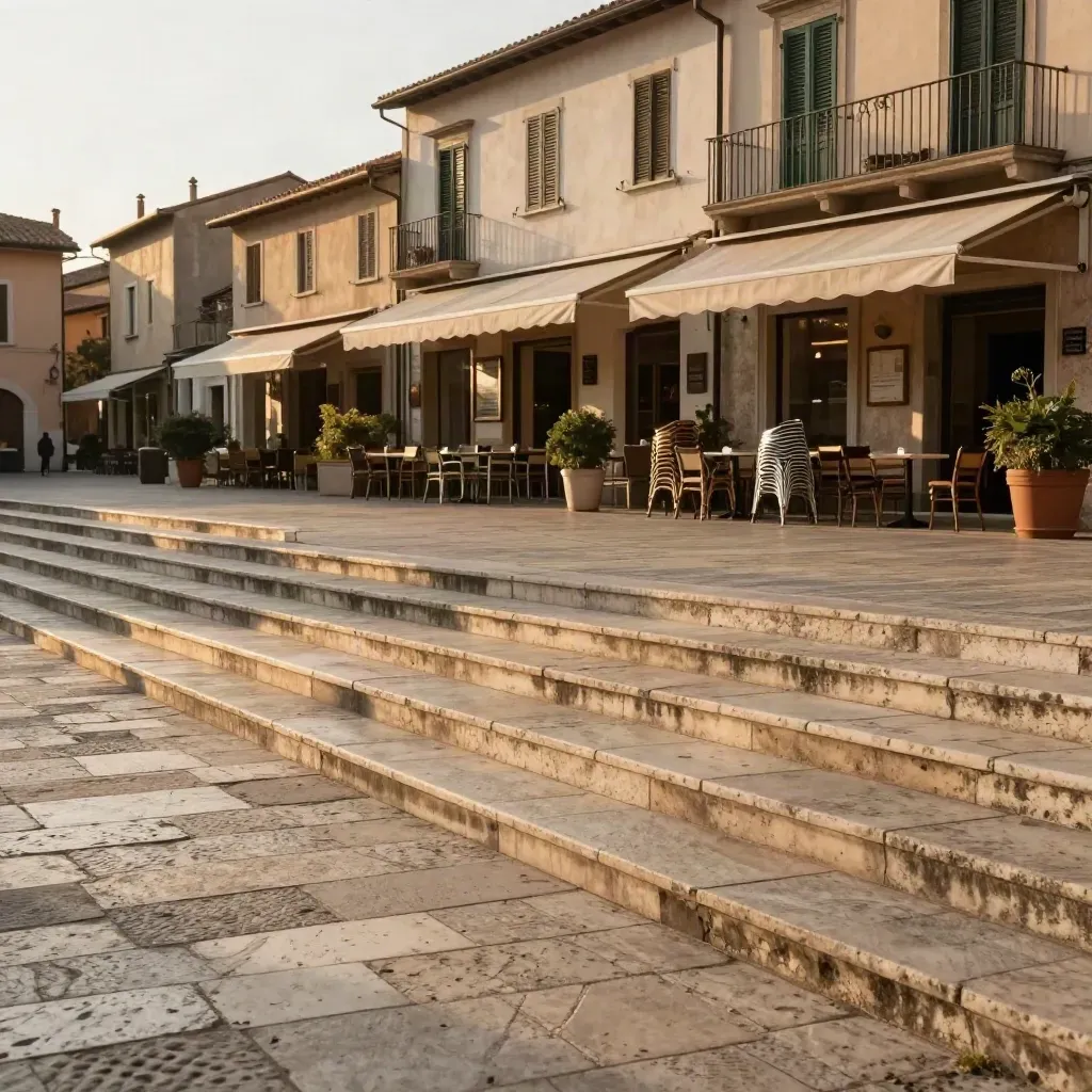 Piazza italiana al tramonto con facciate di caffè e pavimentazione in pietra, spazio calmo per testo.